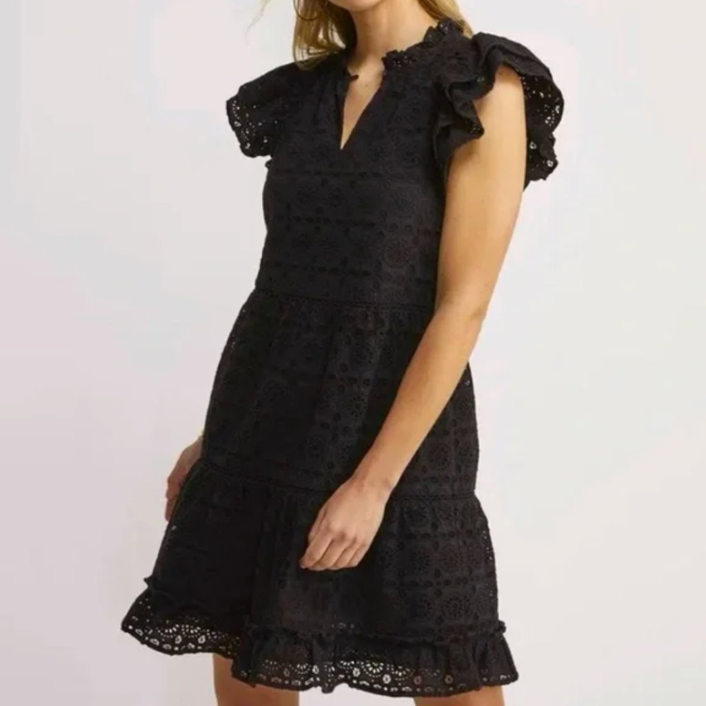 Nwt Vineyard Vines | Eyelet Cap Sleeve Ruffle Neck Mini Dress Black | Size Xxs